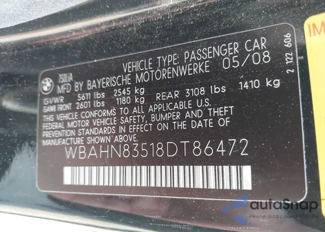 2008 BMW 750Li z USA, uszkodzony, nr VIN WBAHN83518DT86472